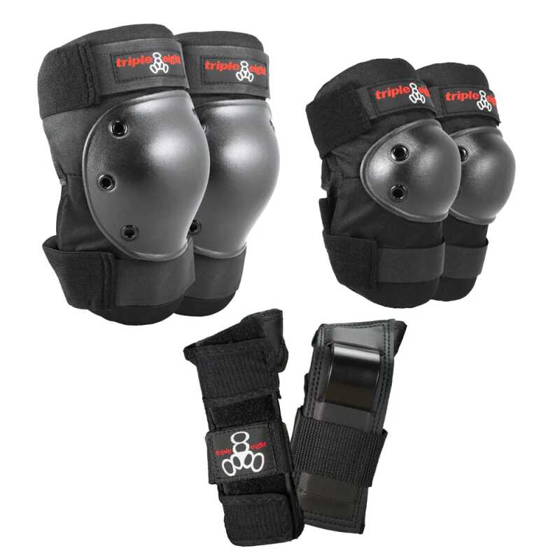 Triple 8 Saver Series 3-Pack of protective gear for skateboarding, cycling, and other action sports. Includes wrist guards, knee pads, and elbow pads