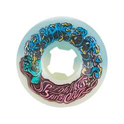 Four skateboard wheels, two white and two teal, from the Santa Cruz Slime Balls Hairballs series.