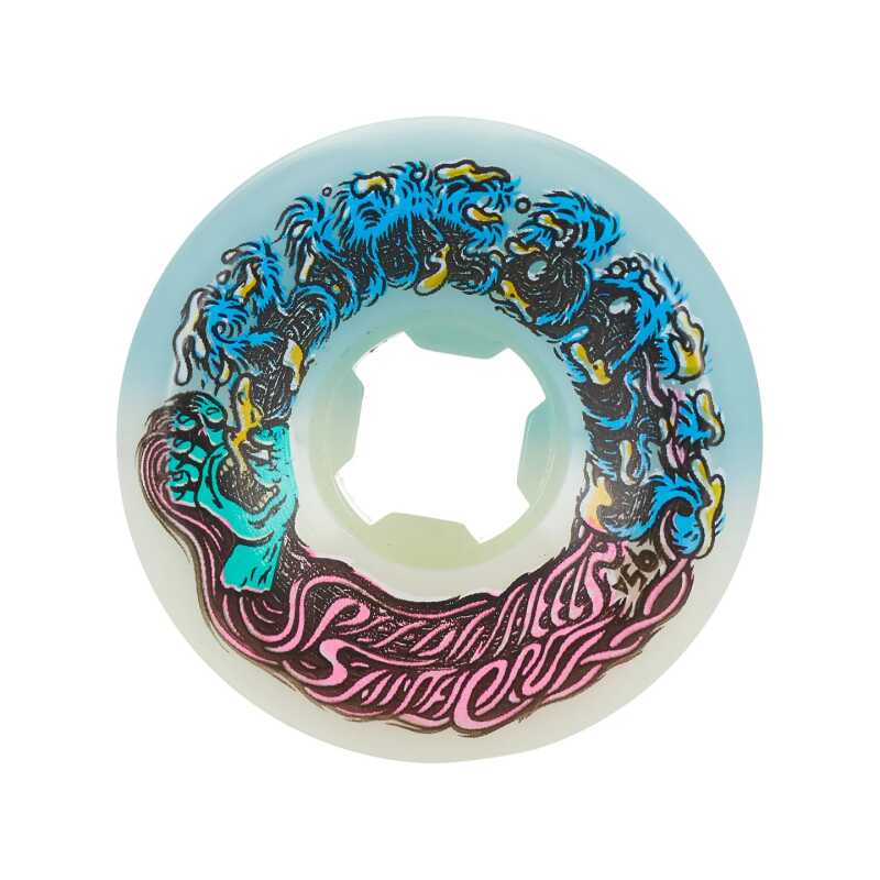 Four skateboard wheels, two white and two teal, from the Santa Cruz Slime Balls Hairballs series.