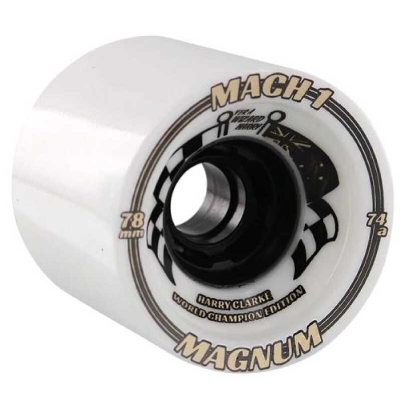Venom 78mm Magnum Mach 1 Harry Clarke Edition Longboard Wheels featuring "Yera Wizard Harry" and flag graphics, built with Cobra core and offset alignment for elite downhill performance.