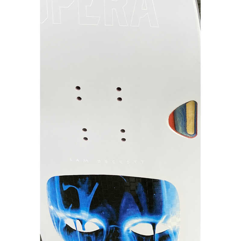 White and Blue Opera Skateboard Deck mask and heel well detail