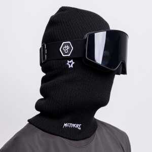 A black knit balaclava with a Method star logo on the front.