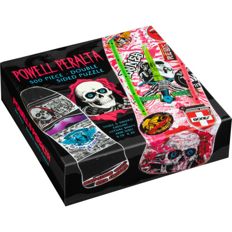 A 1000-piece jigsaw puzzle featuring the Powell Peralta Skull & Sword graphic in pink.