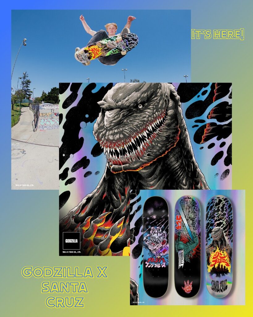 A skateboarder doing a trick at a skatepark with a large Godzilla graphic