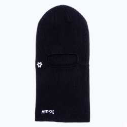 A black knit balaclava with a Method star logo on the front.