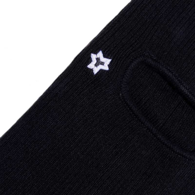 A black knit balaclava with a Method star logo on the front.