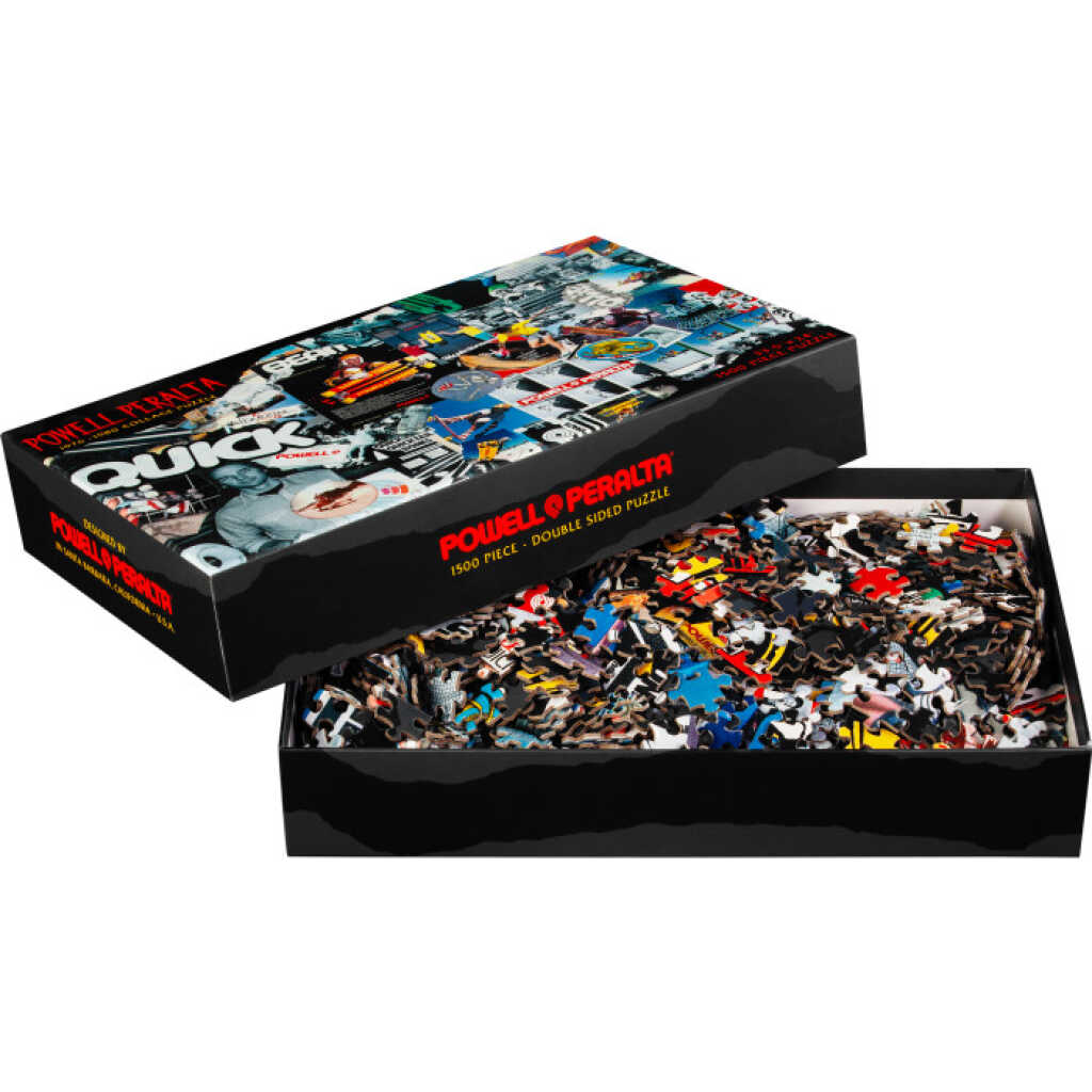 A 1000-piece jigsaw puzzle featuring a collage of classic Powell Peralta skateboard graphics.