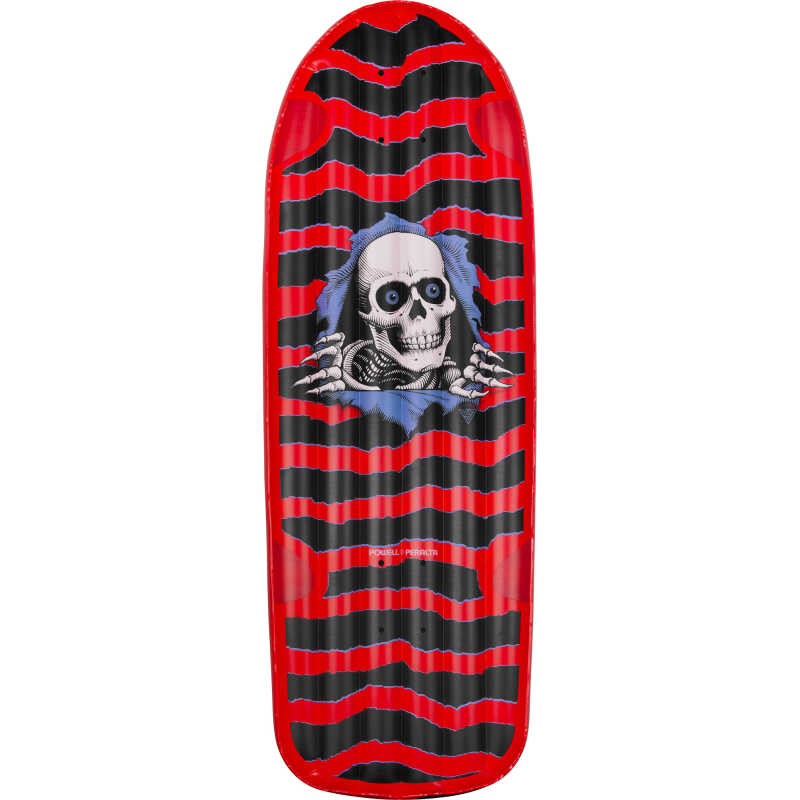 A red inflatable Powell Peralta Ripper Raft, shaped like a skateboard,