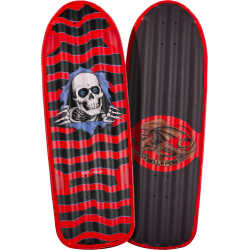 A red inflatable Powell Peralta Ripper Raft, shaped like a skateboard