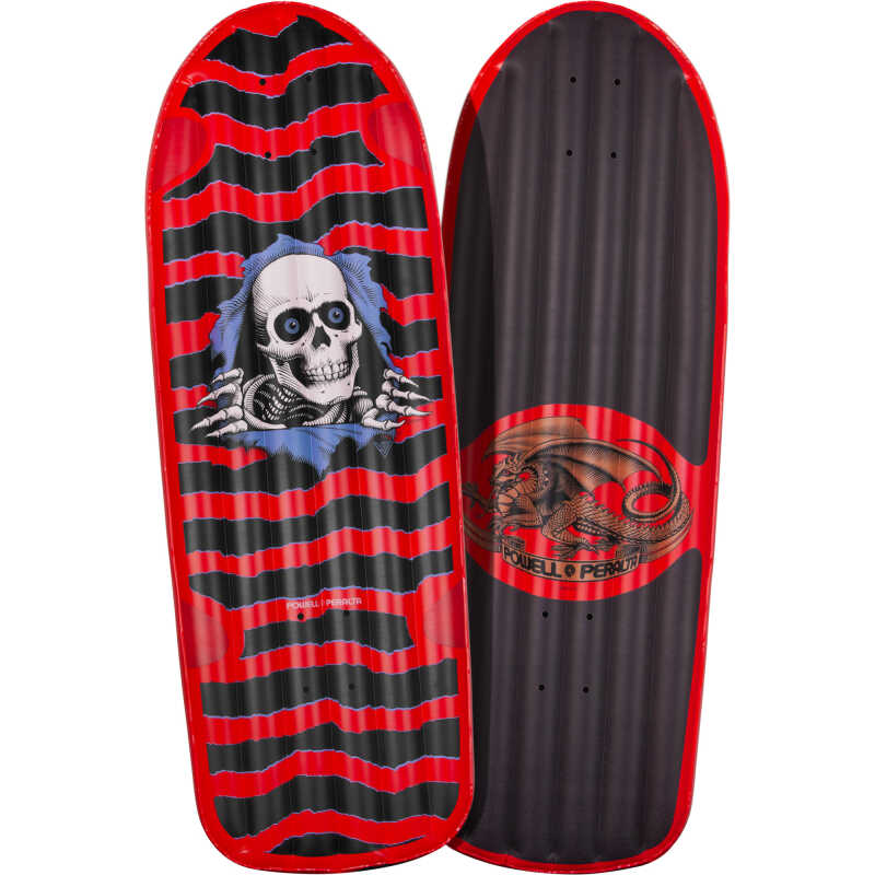 A red inflatable Powell Peralta Ripper Raft, shaped like a skateboard