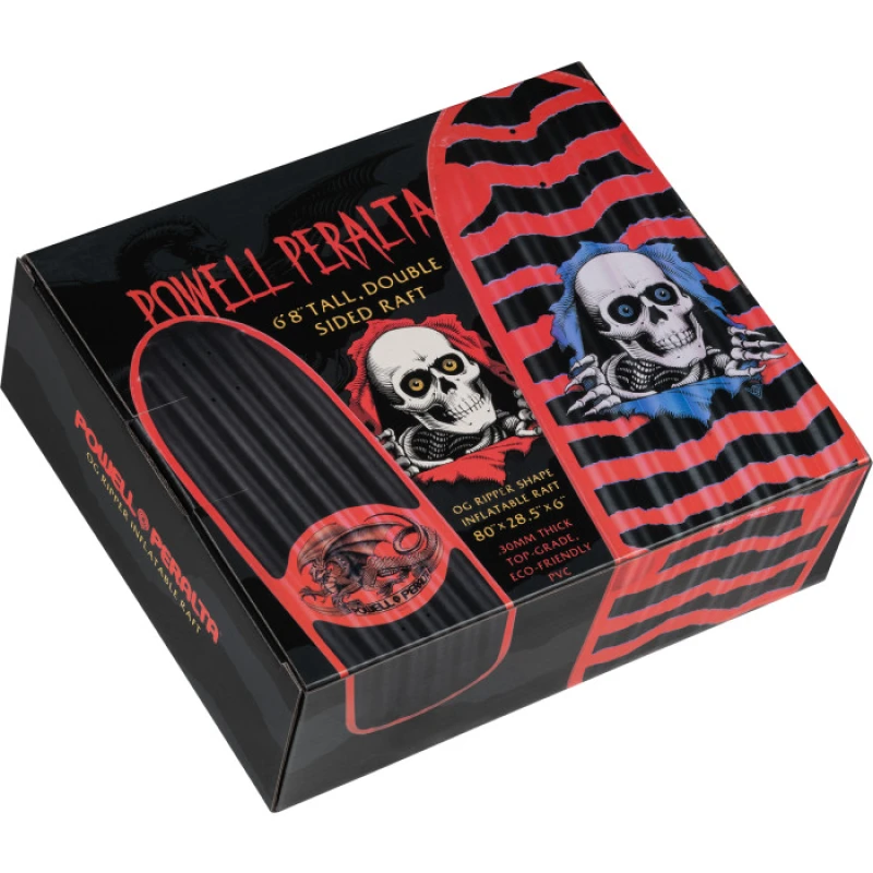 A red inflatable Powell Peralta Ripper Raft, shaped like a skateboard in it's packaging
