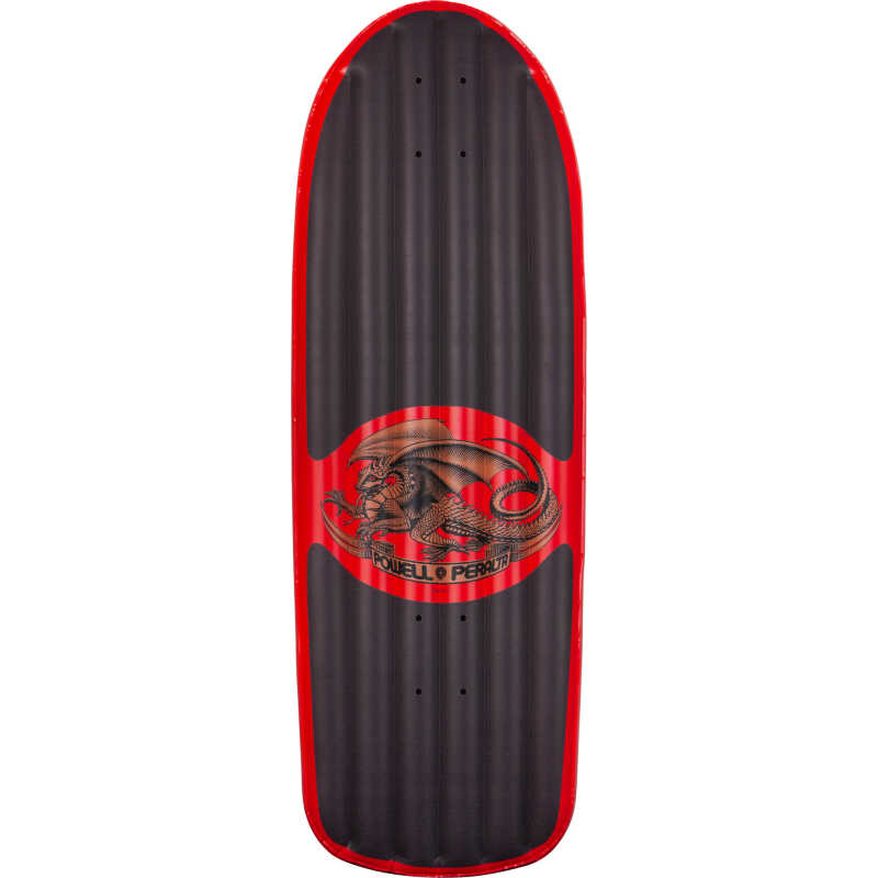 A red inflatable Powell Peralta Ripper Raft, shaped like a skateboard