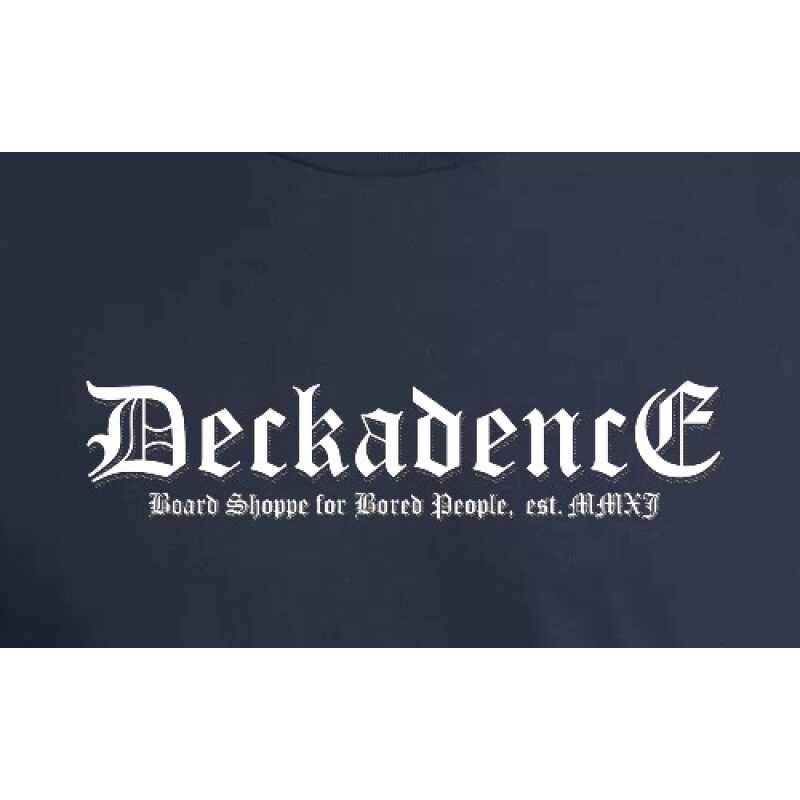 Deep navy t-shirt with the original Deckadence script logo in Old English Blackletter font.