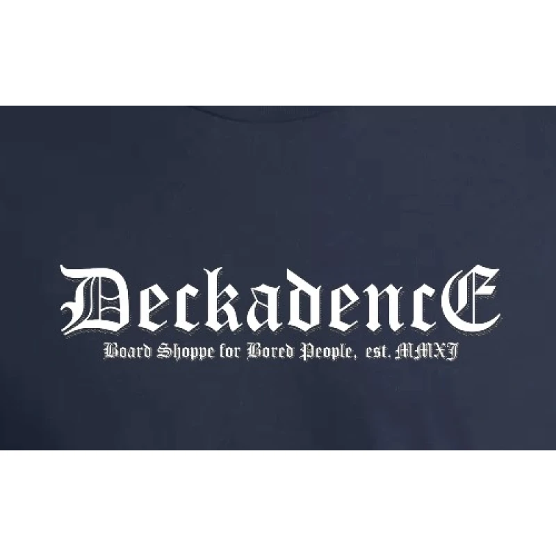 Deep navy t-shirt with the original Deckadence script logo in Old English Blackletter font.