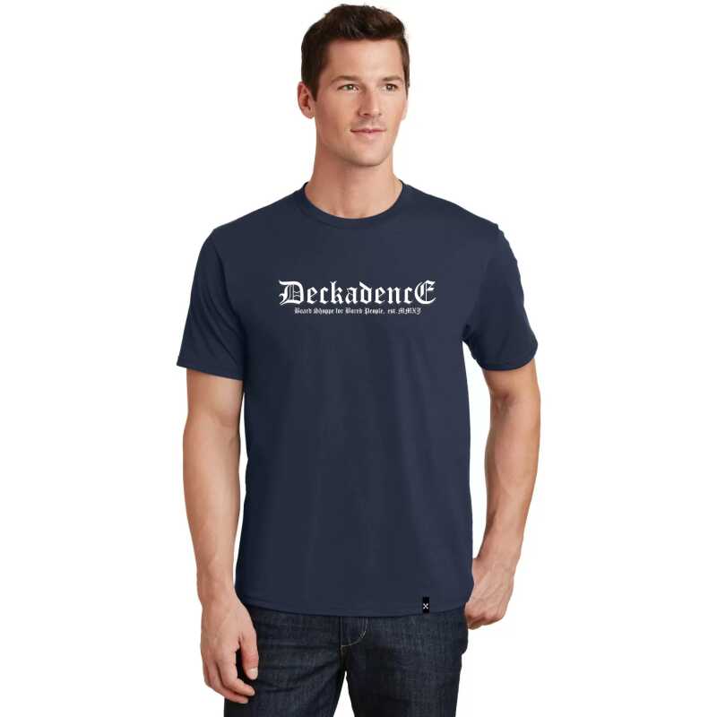 Deep navy t-shirt with the original Deckadence script logo in Old English Blackletter font.