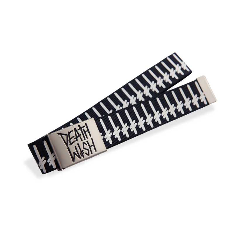 Black Deathwish Gang Logo Bullet Belt with a debossed Deathstack buckle and the Gang Logo screen-printed on the polyester strap.
