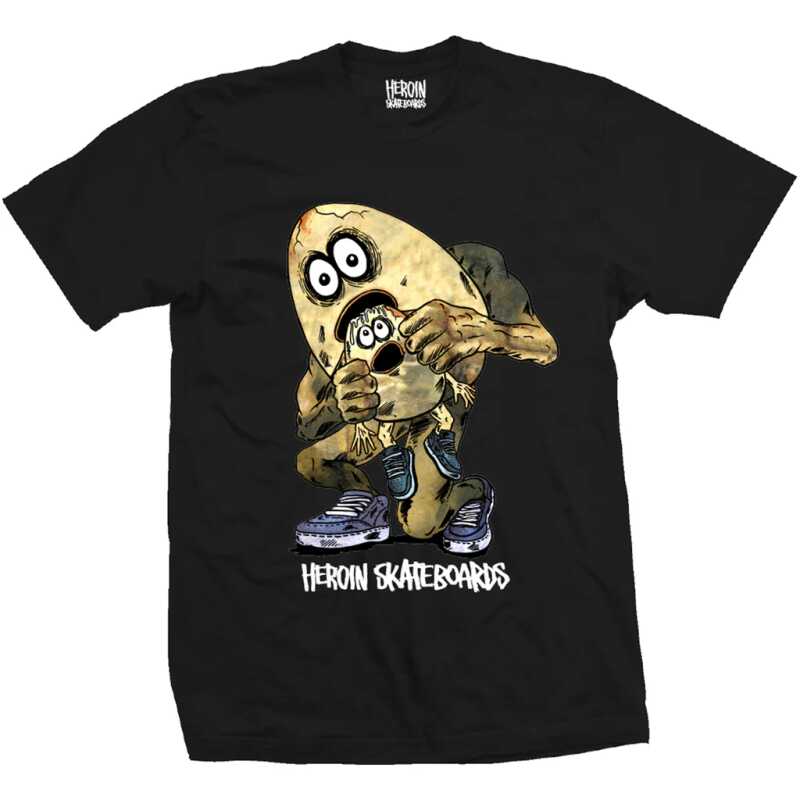 Black Heroin Egg Eater t-shirt laid flat, showcasing the graphic of an egg eating another egg.