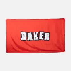 Red Baker Skateboards flag, 3x5 feet, with a central black and white Baker logo and metal eyelets.