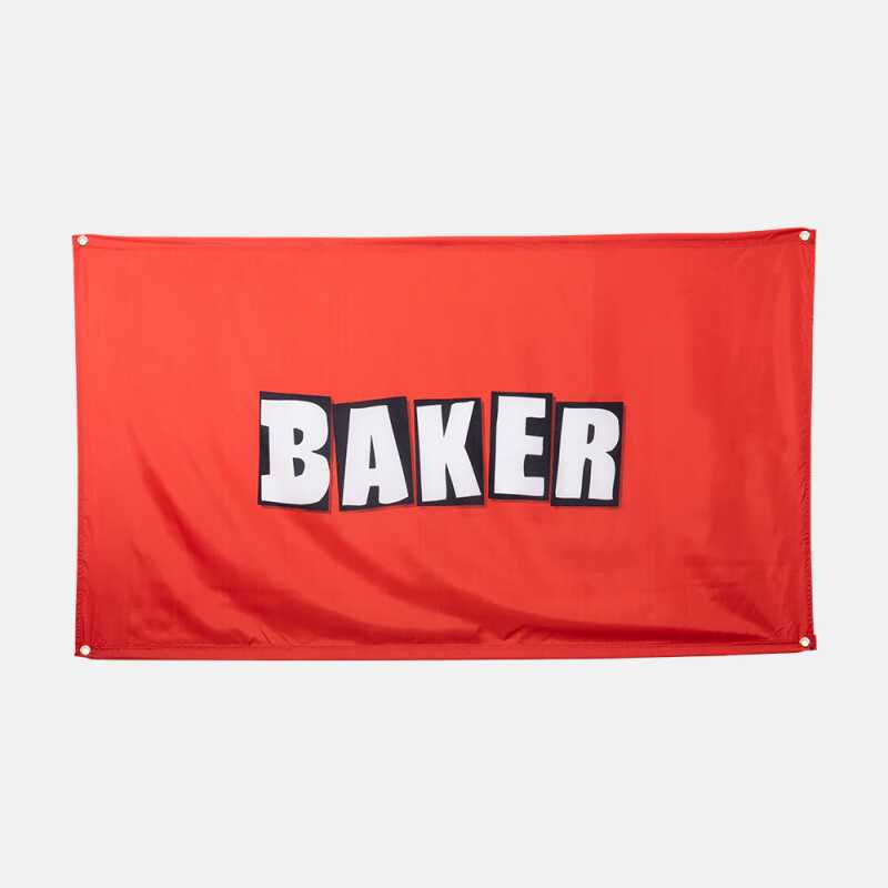Red Baker Skateboards flag, 3x5 feet, with a central black and white Baker logo and metal eyelets.