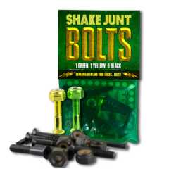 Shake Junt skateboard bolts, one bright green, one vibrant yellow, and 6 black with Philips heads.