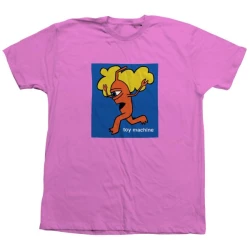 Pink Toy Machine Early Sect Tee with a blue, orange, and yellow retro graphic.
