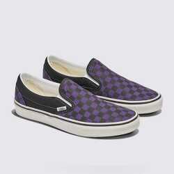 Black and purple checkered Vans Classic Slip-On shoes.