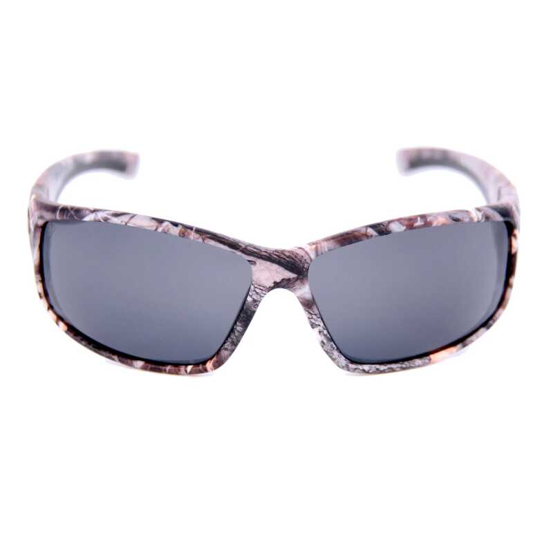 Happy Hour Gators Camo Polarized Sunglasses with wrap-around leafy camo frame and black polarized lenses