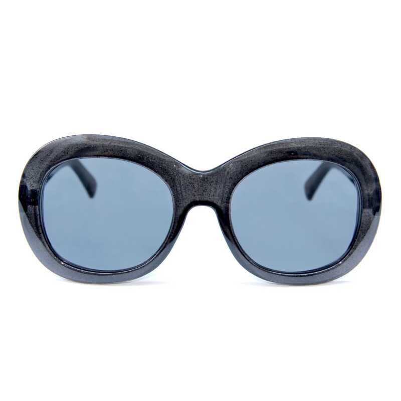 Evan Smith signature sunglasses with sparkly black transparent frame and black UV400 lenses