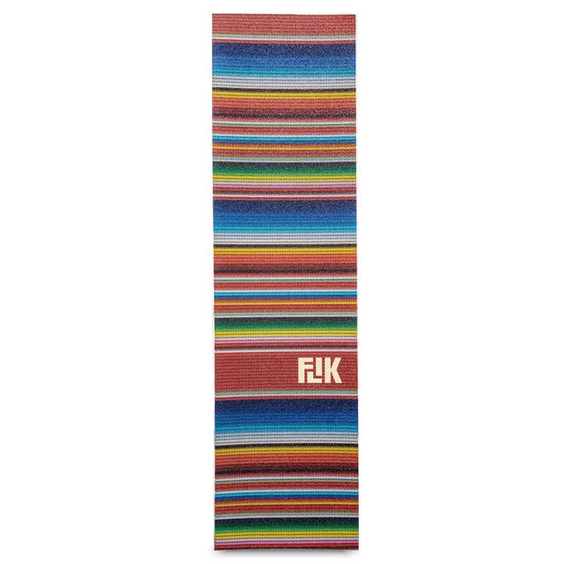 Flik Poncho Griptape featuring colorful classic poncho stripe graphic with gritty silicon carbide surface.
