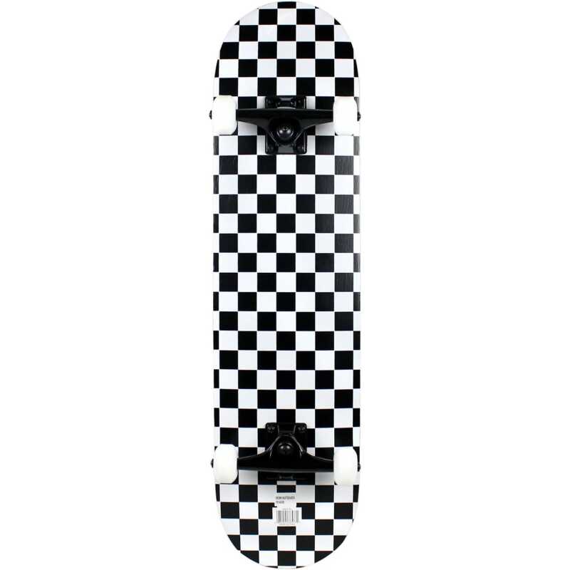 Krown Rookie Checkered Skateboard Complete with a 7.5" deck, black and white checker design, ABEC 5 bearings, 52mm wheels, and aluminum trucks, fully assembled.