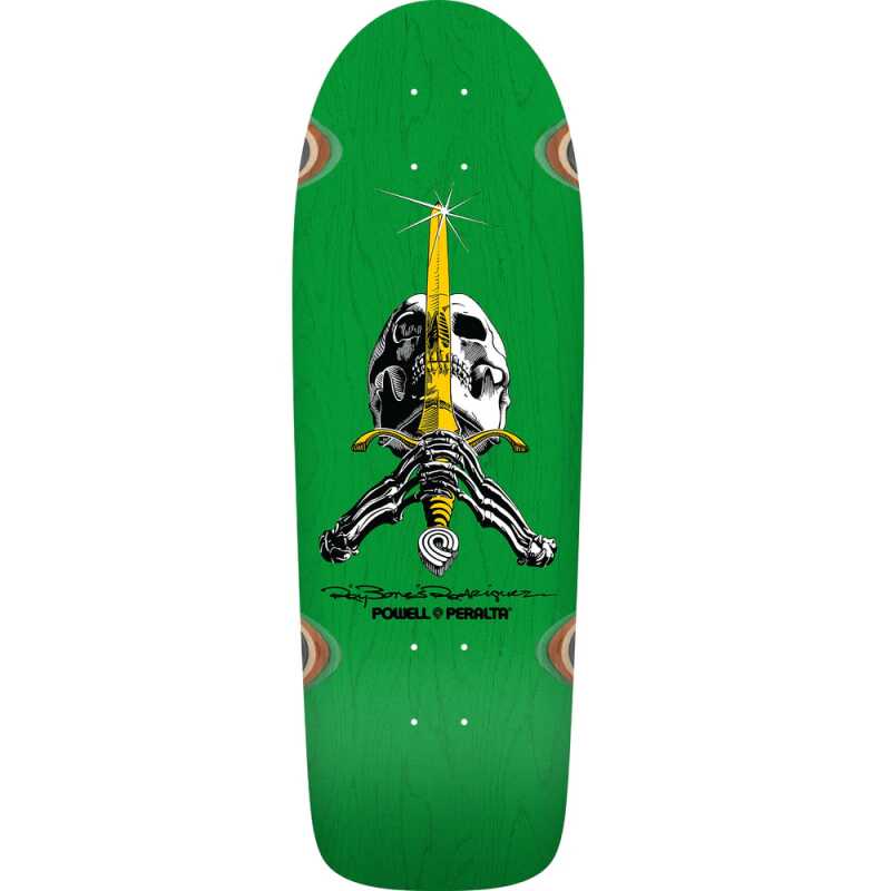 Powell Peralta OG Ray Rodriguez 10" skateboard deck in green stain with Skull & Sword graphic