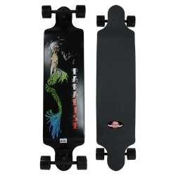 Paradise 41.25" Drop Down Mermaid Longboard Complete featuring a coastal mermaid graphic and low-profile deck.