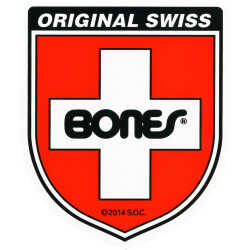 Bones Swiss Bearings Shield Sticker – red and white vinyl logo for skateboards, helmets, or gear