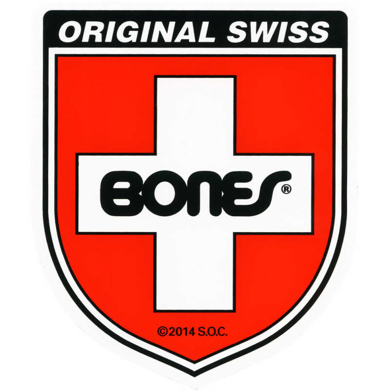 Bones Swiss Bearings Shield Sticker – red and white vinyl logo for skateboards, helmets, or gear