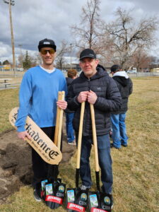 "D’Beau" Darin Black and Mr. Van Etten holding shovels at the groundbreaking for the Optimist Skatepark in Pocatello.
