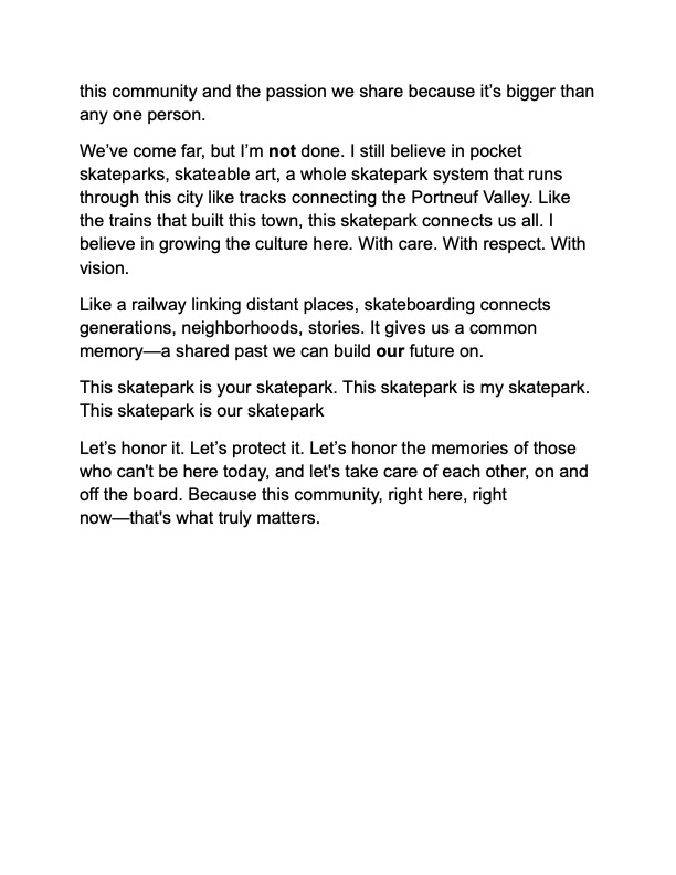 Full text of page 2 of "D’Beau" Darin Black’s speech at the Optimist Skatepark ribbon-cutting ceremony, Pocatello, July 25, 2025.