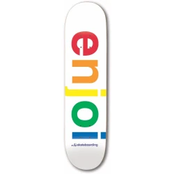 Enjoi Spectrum White 9.0-inch skateboard deck with rainbow logo graphic.