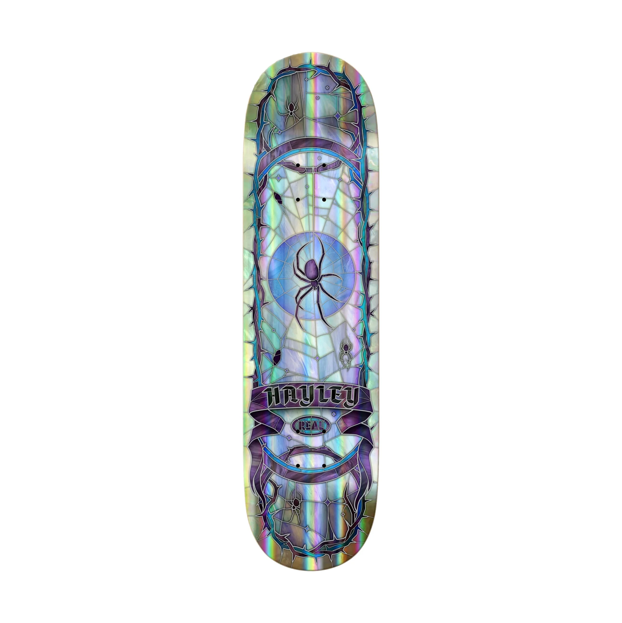 Real Hayley Cathedral Deck 8.25" with rainbow holographic finish and cathedral graphic.