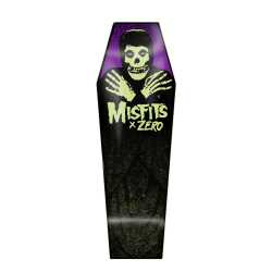 Zero Misfits Coffin Deck 9.5 top view, Zero Misfits Coffin Deck 9.5 glow Fiend graphic, Zero 9.5 coffin shaped skateboard deck