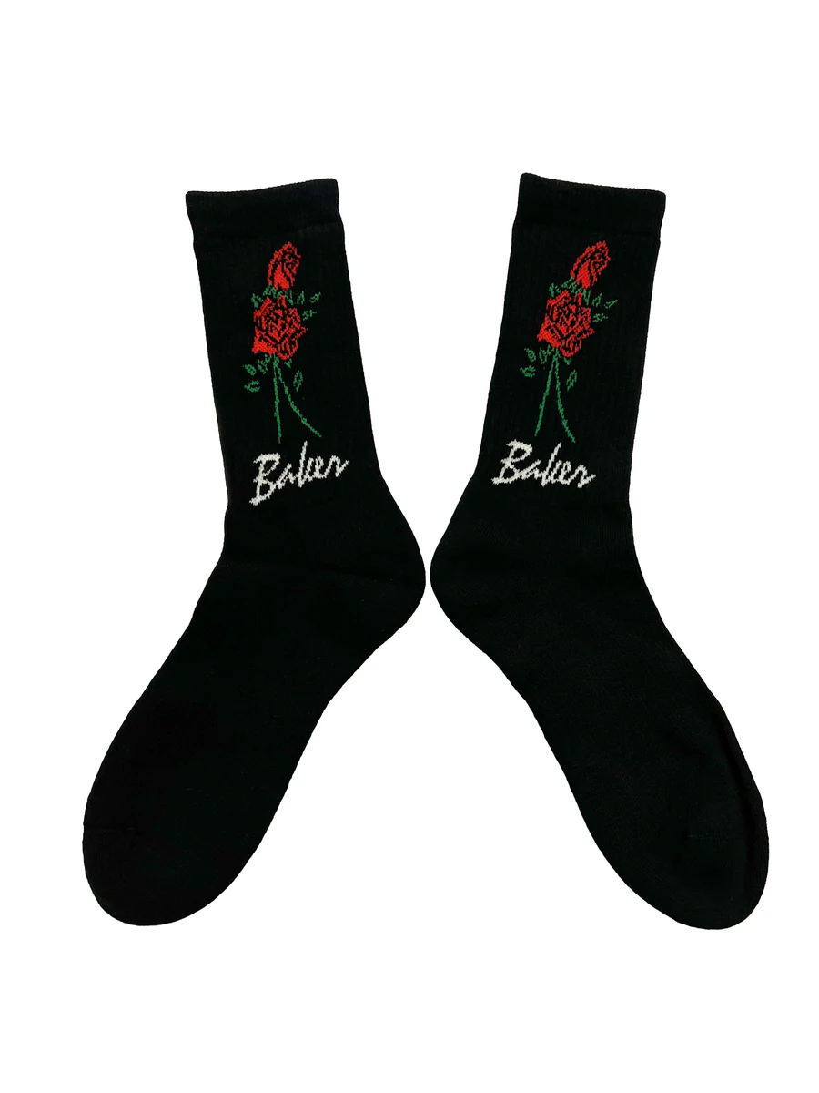 Baker Roses Socks Black crew socks graphic view, Baker black socks rose design detail, skate crew socks side view