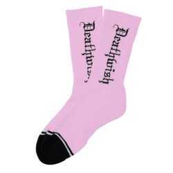 Deathwish Death Socks Pink crew socks graphic view, Deathwish pink socks design detail, skate crew socks side view