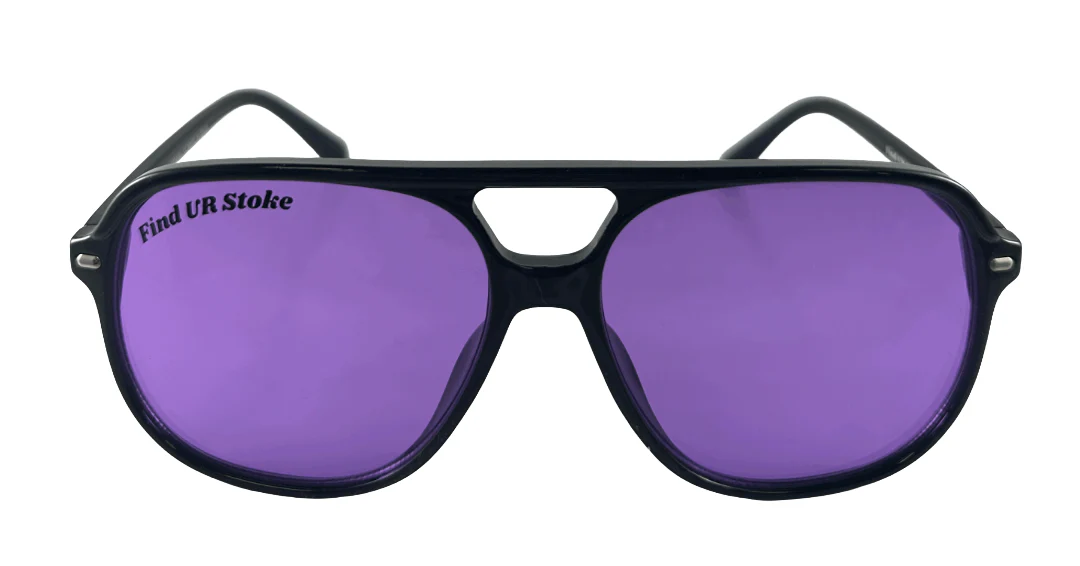 Happy Hour Dukes Shades Find Your Stoke sunglasses front view, Happy Hour Dukes sunglasses side profile, Find Your Stoke sunglasses detail