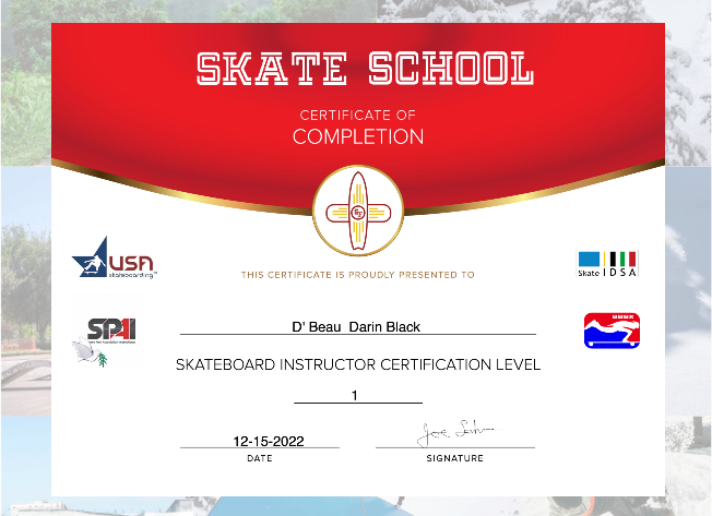 Official Skateboard Instructor Certification for Darin "D’Beau" Black