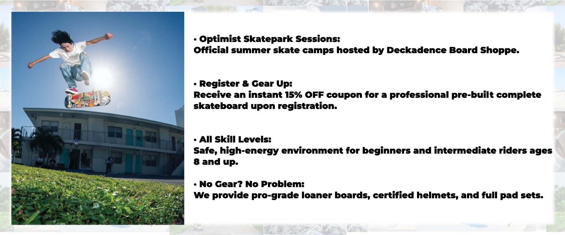 Professional skateboarder catching air, representing the high-energy skill building and confidence skaters develop at the Deckadence Pocatello Skate Camps.