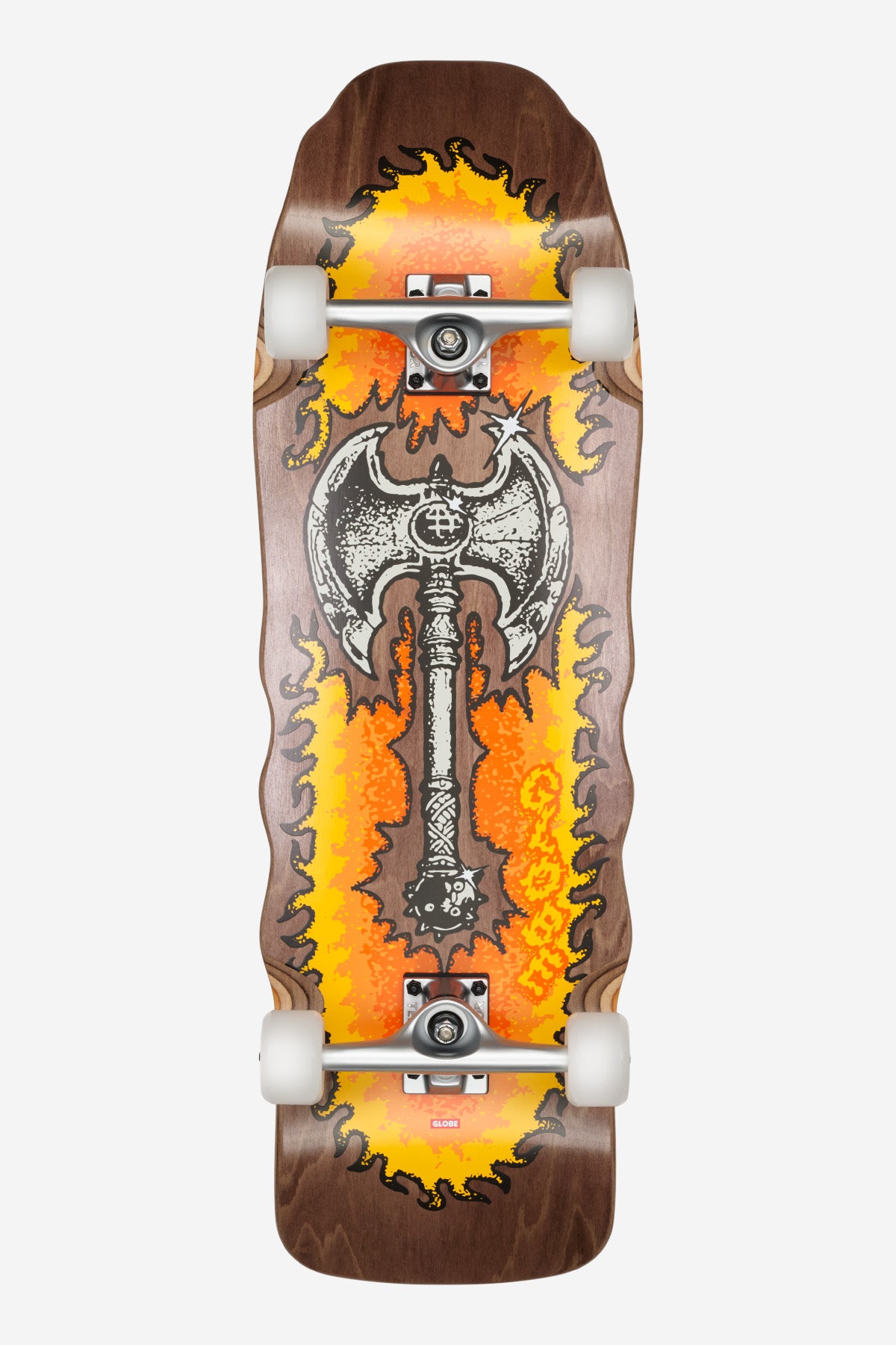 Globe Restless Cruiserboard 10.0 inch Axe Man skateboard complete featuring retro shapes and a peace sign graphic.