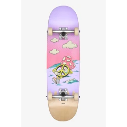 Globe Peace Man 8.25 inch Kids Wide complete skateboard featuring a natural wood look with a colorful peace sign graphic.