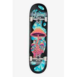 Globe Mind Expansion 8.25 inch complete skateboard featuring a black background with a psychedelic pink mushroom graphic and teal swirls.