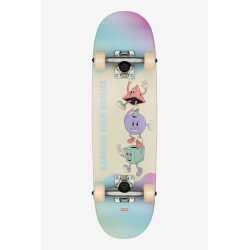 Globe Hanging Kids Wide complete skateboard featuring a pastel gradient background with stacked cartoon characters.
