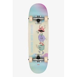 Globe Hanging Kids Wide complete skateboard featuring a pastel gradient background with stacked cartoon characters.