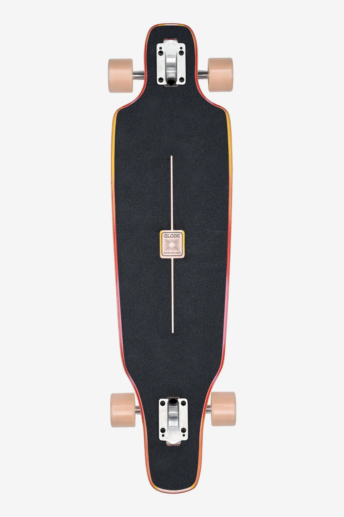 Globe Outlier Longboard 36 inch Scorch drop through cruiser complete with orange wheels.